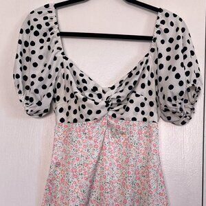 Miss Selfridge open back mini dress, florals and polka dots, size 6